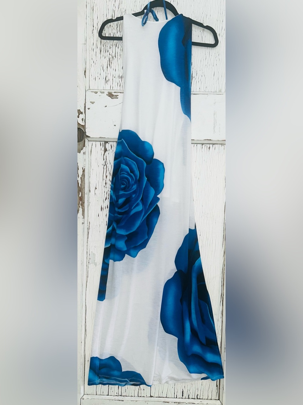 Boho Halter Maxi Dress with Bold Blue Rose Print on White Background - Picture 5 of 10